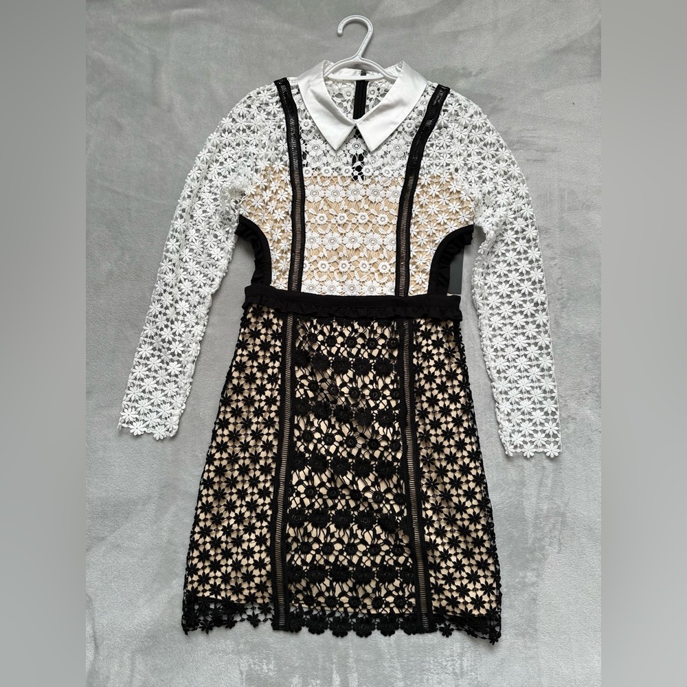 Cut Out Detail Lace Long Sleeve Dress, Size S